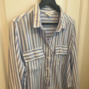 BeachLunchLounge Stripe Long Sleeve Button Down Blouse Top Blue & White XL